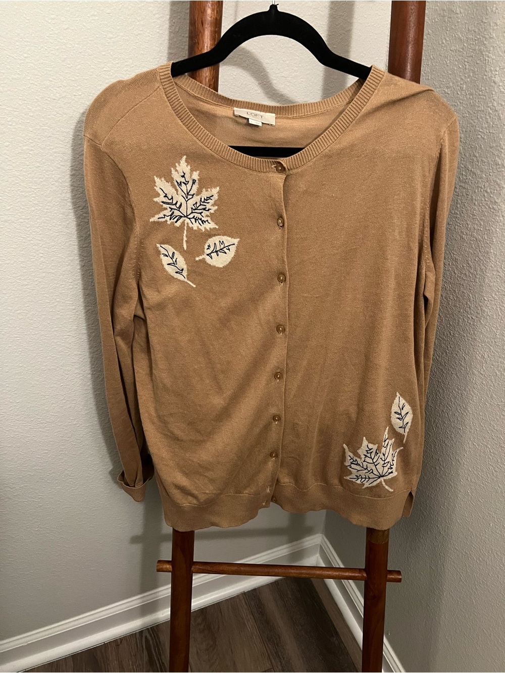 LOFT Tan Button-Up Cardigan with White Leaf Embroidery